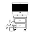 Workspace computer on table and potted plant isolated icon line style