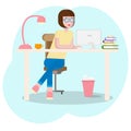 Workspace concept with devices. Girl student at workplace with graphic tablet. Young graphic designer woman using