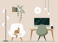 Workspace with desk, desktop computer, plant in earth tones. Lounge chair with floor lamp and cat Home Office Concept. Modern Royalty Free Stock Photo