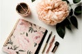 Workspace with diary, notebook, accessories, peony flowers on white background. Home office desk. Generative AI