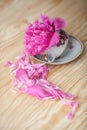 Workspace with diary, pen, vintage tray, pink rose, croissants and coffee on white background. Top view, flat lay Royalty Free Stock Photo