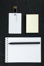 White card. Office desk wooden background top view mock up Royalty Free Stock Photo