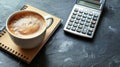 Workspace Essentials: Coffee, Notepads, and Calculator on Black Background - Top View Royalty Free Stock Photo