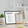 Workspace features a tablet displaying a \