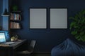 Two empty black square frames mounted on a dark wall in a cozy workspace setting Royalty Free Stock Photo