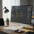 A workspace featuring a desktop computer with a large monitor displaying code in a Royalty Free Stock Photo