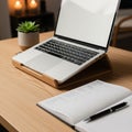 Workspace featuring a laptop with a blank screen angled on a wooden Royalty Free Stock Photo