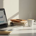 A workspace featuring an open laptop displaying colorful graphs on the screen