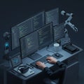 A workspace featuring a person using a keyboard with multiple monitors showing Royalty Free Stock Photo
