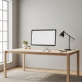 Workspace featuring a wooden desk with a desktop computer displaying a Royalty Free Stock Photo