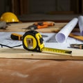 A workspace featuring a yellow tape measure extended on a wooden plank.
