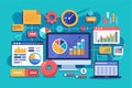 A workspace is filled with customizable analytics tools, showcasing graphs, charts, and metrics on computer screens, enhancing Royalty Free Stock Photo