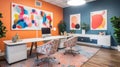 A bright cheerful workspace with unique wall art and comfortable chairs created with Generative AI