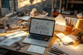 A workspace filled with sketches and design materials, highlighted by a laptop showing architectural plans under evening Royalty Free Stock Photo