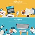 Workspace and freelance banner flat design template