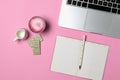Workspace of freelancer, blogger, journalist - laptop, notepad, pen, cup of trendy superfood pink beetroot latte