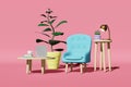 Workspace furniture sale Pink living room Soft armchair table laptop coffee cup book plant 3D rendering demonstration Royalty Free Stock Photo