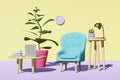 Workspace furniture sale Pink living room Soft armchair table laptop coffee cup book plant 3D rendering demonstration Royalty Free Stock Photo