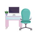 Workspace green chair desk computer and plant isolated design white background Royalty Free Stock Photo