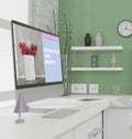 Workspace at home with a desktop computer 3d rendering mockup.Mo