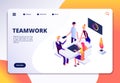 Workspace isometric landing page. People team work in office. Partnership, business process persons working together