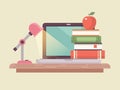 Workspace laptop and book stack flat style Royalty Free Stock Photo