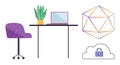 Workspace with Laptop, Chair, Geometric Shape, and Secure Cloud Storage Concept Royalty Free Stock Photo