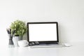 Workspace laptop computer, coffee cup and plant decorate on whit Royalty Free Stock Photo