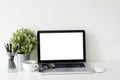 Workspace laptop computer, coffee cup and plant decorate on whit Royalty Free Stock Photo