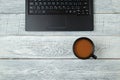 Workspace . laptop and Cup of coffee. minimalism. the view from the top. flat lay