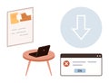 Workspace with Laptop, Error Message, Task Board, and Download Arrow for Productivity Management Royalty Free Stock Photo