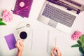 Workspace with laptop, girl`s hands writing in notebook, glasses, cup of coffee and wisteria flowers on white background. Top vie