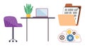 Workspace with Laptop, Office Chair, File Folder, Binary Code, and Cloud Gears for Digital Solutions Royalty Free Stock Photo