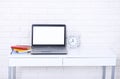 Workspace with laptop and other work accessories with copy space. Blank, template computer screen