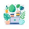 Workspace with laptop, plants, and mugs creating a vibrant, productive ambiance in a flat design style Royalty Free Stock Photo