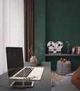 Workspace with laptop.Smart phone charging,vase,coffee cup on wooden desk.White and brown curtain. Royalty Free Stock Photo