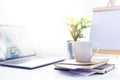 Workspace ,laptop on white table with coffee cup and notebook Royalty Free Stock Photo