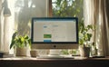 Workspace with large windows filled with greenery and a desktop computer illuminated by sunlight