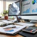 Workspace with multiple monitors displaying charts, pen, calculator in foreground, office or study suggested Royalty Free Stock Photo