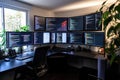 A modern home office features an extensive setup with multiple curved monitors Royalty Free Stock Photo