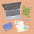 Workspace office laptop glasses book paper pencil and plant top view design