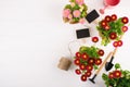 Workspace, Planting spring flowers. Garden tools, plants in pots and watering can on white table. Top view, space for text Royalty Free Stock Photo