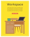 Workspace poster, office desk interior vector illustration.Business design furniture, room home space with computer at Royalty Free Stock Photo