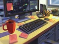 A workspace setup with a computer keyboard a coffee mug and some notes on a table Royalty Free Stock Photo