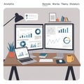 A workspace setup featuring two large monitors displaying bar graphs, pie charts, and Royalty Free Stock Photo