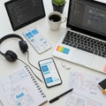 A workspace setup with a laptop displaying coding software, a tablet showing code, Royalty Free Stock Photo