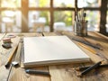 Workspace with sketchbook and drawing tools on wooden table in a sunlit room Royalty Free Stock Photo