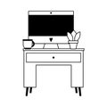 Workspace table with computer coffee cup and plant isolated icon line style