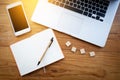 Workspace top view for background concept : Wooden work desk top