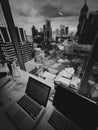 Workspace with a view of skyline and cloudy sky Royalty Free Stock Photo